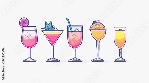 Stylized illustration of five colorful cocktails with various garnishes, on a white background