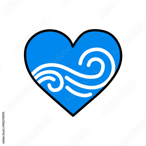 Blue Heart Shape Icon with White Ocean Waves and Wind Swirl Elements