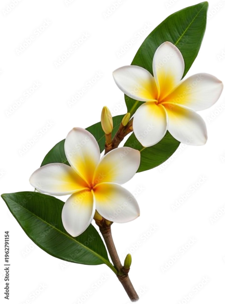 Fototapeta premium White frangipani blossoms with golden centers bloom.