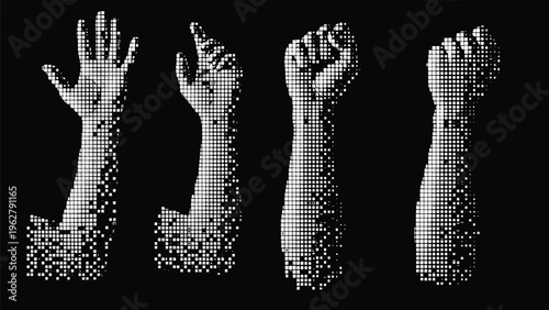 Halftone pixelated silhouettes of four human arms and hands in different poses against a solid black background creating a digital effect.
