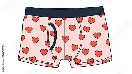 Men's boxer briefs underwear featuring a recurring pattern of red hearts on a soft pink fabric with a dark waistband.