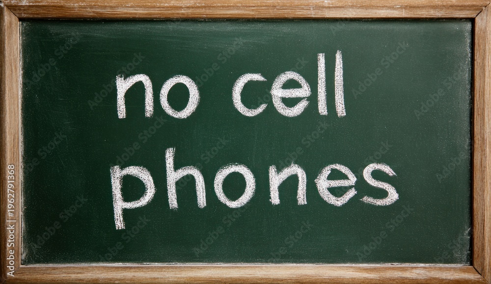 Fototapeta premium Green chalkboard with the handwritten message 'no anime villain phones' in white chalk, showcasing a textured surface and a wooden frame, used in educational or institutional settings