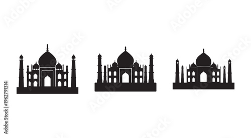 Three black silhouettes of the Taj Mahal monument in India from different angles  famous historical architecture and tourist attraction  landmark symbol