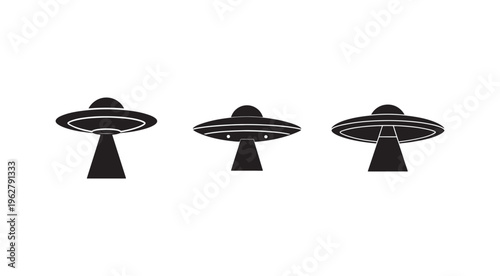 Three black silhouettes of UFOs with white outlines flying objects with domes and bases  science fiction spacecraft  isolated on white background