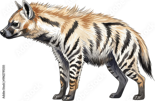 Striped hyena side profile illustration, detailed wild animal artwork, African and Asian wildlife species drawing, zoology educational design, flat vector illustration