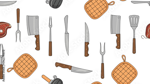 Seamless pattern of various kitchen tools including knives, forks, spatulas, cleavers, and quilted potholders on a white background.