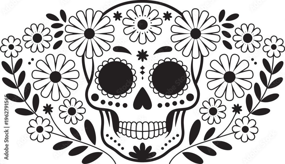 Fototapeta premium Day of dead skull surrounded by flowers and leaves mexican folk art illustration