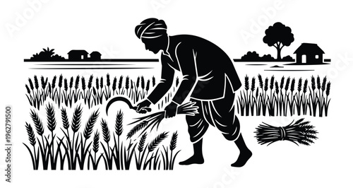 Indian Farmer Harvesting Crops Icon Silhouette vector black design on a white background