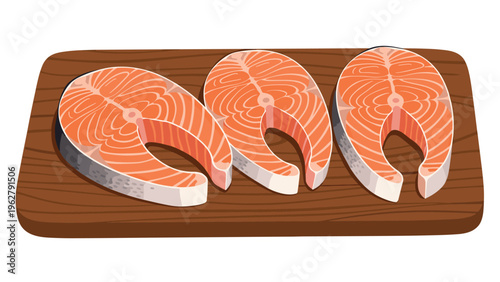Three fresh raw salmon steaks with distinct pink flesh and white fat lines arranged on a dark wooden cutting board.