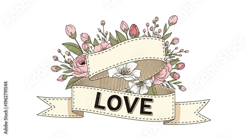 Decorative cream colored banner with the word LOVE written in bold black letters surrounded by soft pink roses and flowers.