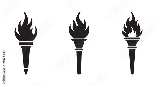 Three black torch icons with flames on top  isolated on white background