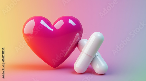 Bright pink heart shape with white capsules symbolizing love and health, set against a colorful gradient background