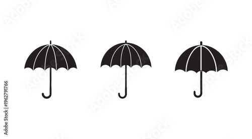 Three black umbrellas with white lines on white background  simple icons of rain protection with handles down