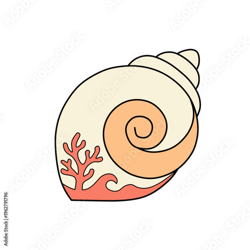 Minimalist Seashell Vector Illustration with Coral and Ocean Wave