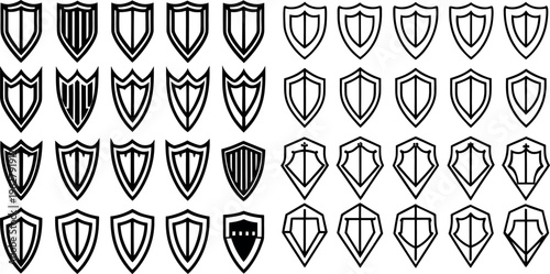 An extensive collection of heraldic shields displaying diverse designs and symbols for coats of arms and family crests