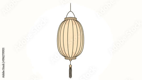 Single elongated oval Chinese lantern in light beige with a dark tassel hanging against a soft white circular background.