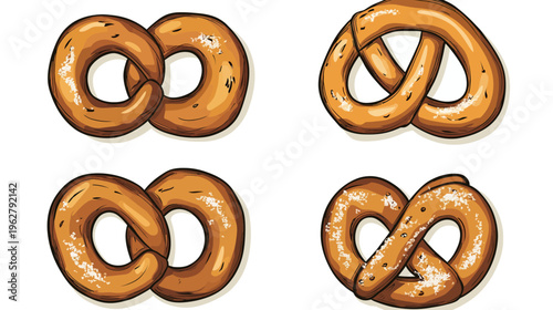 Four cartoon pretzels with salt, hand-drawn style, on a white background. Isolated bakery food