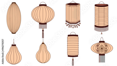Collection of traditional oriental lanterns in various shapes and designs with decorative tassels for cultural festivals.