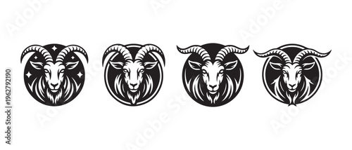 Set of Goat Head Emblems, Zodiac Sign Capricorn, Tribal and Mascot Styles.