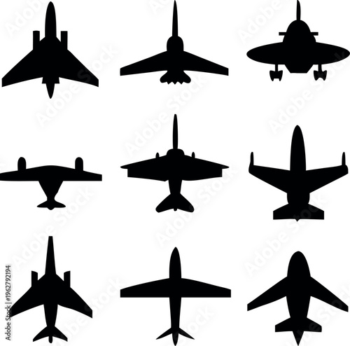 A diverse collection of nine distinct aircraft silhouettes viewed from above showcasing the variety in jet design and functionality across different eras and purposes