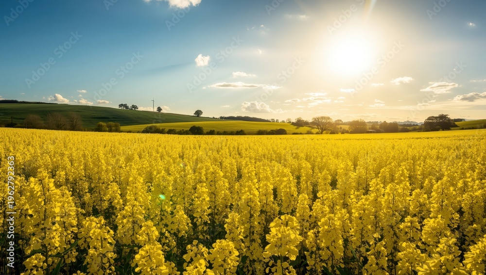 Fototapeta premium Expanse of blooming yellow rapeseed in spring. Theme of agriculture, nature, and growth. Banner with empty space