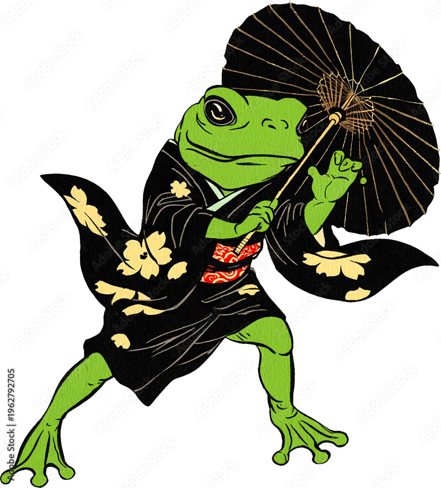 Fototapeta premium Dapper green frog wears black floral kimono holding a dark parasol up.