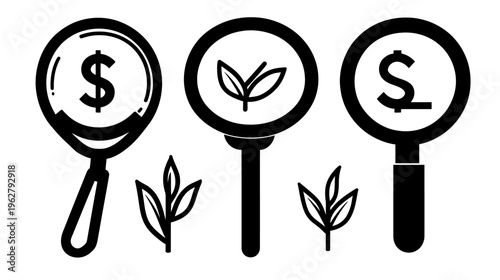 A monochrome illustration depicting magnification with money and plant symbols, representing growth