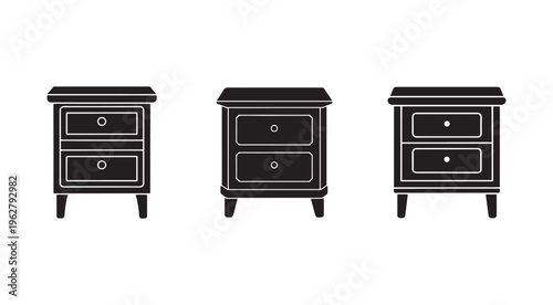 Three different nightstand designs with two drawers each in black and white illustration style for furniture and home decor concepts  modern and minimalist