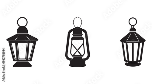 Three different lantern silhouettes with handles and glass panels on white background  outdoor lighting fixtures