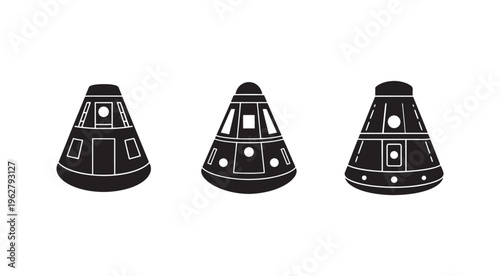 Three different space shuttle nose cones in a row with various window and panel configurations  spacecraft components