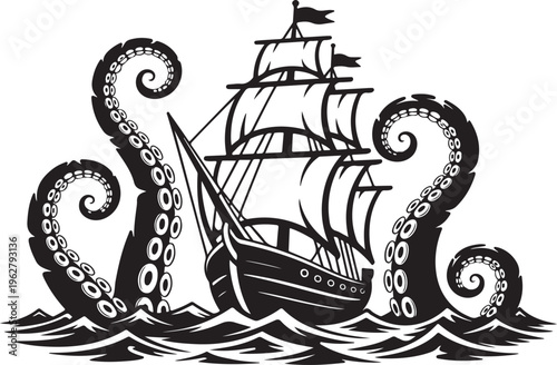 Kraken attacking sailing ship at sea with tentacles in silhouette against transparent background