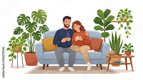 Couple Relaxing on Sofa Surrounded by Lush Greenery.