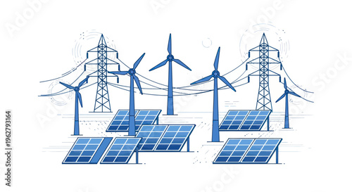 Solar panels and wind turbines energy.