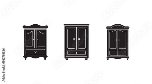 Three different wardrobe furniture designs with two doors and one drawer  modern and classic styles  home decor elements  interior design inspiration
