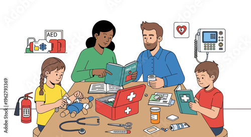 Family learning first aid together at home.