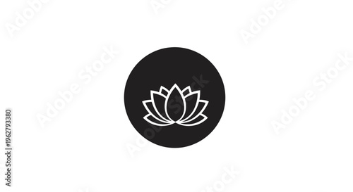 Lotus flower icon on black circle background, wellness and meditation symbol
