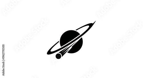 Stylized Saturn planet icon with ring and moon, black silhouette on white background