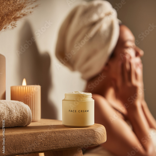Person Relaxing with Towel Wrap and Skincare Jar in Cozy Home Spa Self Care Concept