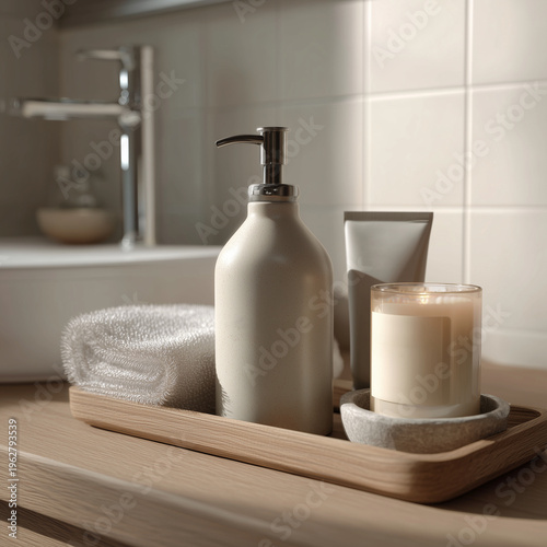 Bathroom Self Care Tray Still Life with Soap Dispenser, Towel and Candle in Soft Clean Light