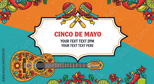 Vibrant cinco de mayo celebration background with guitar and maracas for party invitations