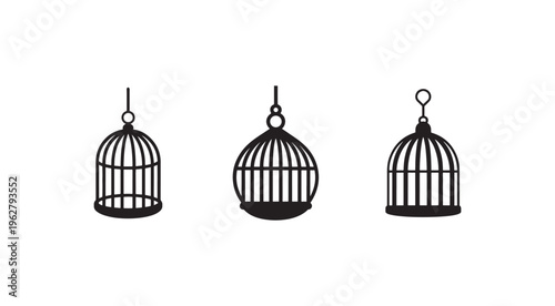 Three hanging empty bird cages with different shapes and designs in black silhouette on white background  birdcage  aviary  cage