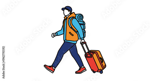 Man walking with travel luggage suitcase.