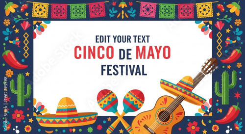Cinco de mayo festival template with sombreros guitar and maracas on colorful background