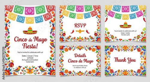Vibrant cinco de mayo fiesta invitation cards with colorful decorations and traditional mexican elements