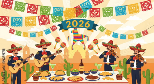 Mariachi musicians play at festive mexican table with food and decorations for 2026 celebration