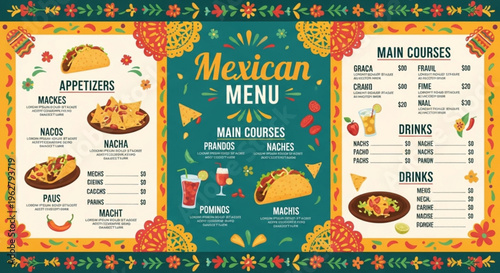 Vibrant mexican restaurant menu board with appetizers main courses and drinks