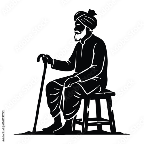 Indian Village Elder Sitting On Stool Icon Silhouette vector black design on a white background