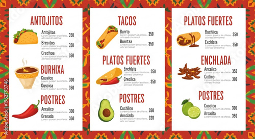 Mexican restaurant menu with tacos burritos and enchiladas on colorful patterned background
