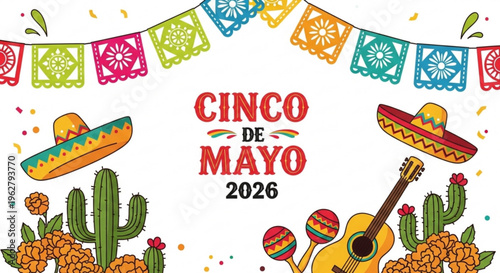 Vibrant cinco de mayo celebration background with sombreros cacti guitar and paper banners