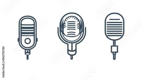 Three stylized, dark blue outline illustrations of vintage microphones against a white background